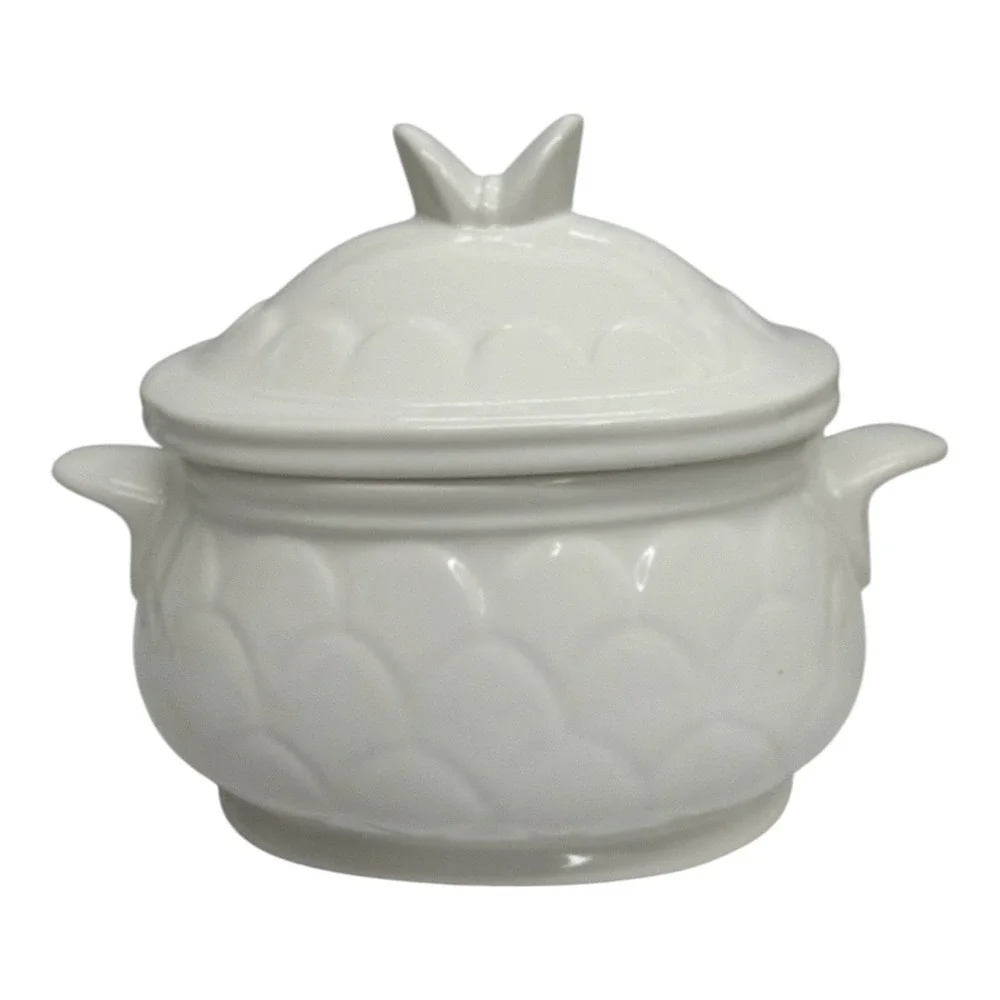 Scallop Gravy Boat Mini Soup Tureen Butterfly Handle Lid White No Spoon/Ladle